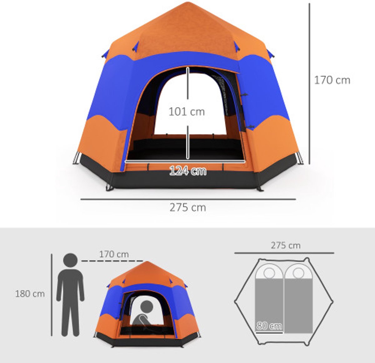 Familie Koepeltent 4-6 Personen - Vier-Seizoenen Tent Waterdicht - Pop-up Tent met Muggennet - 2 Deuren - Oranje - 280x280x170 cm – foto 4