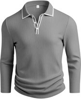 Rib Stof Polo Lange Mouwen - Grijs - Slim Fit - Shirt - Mode