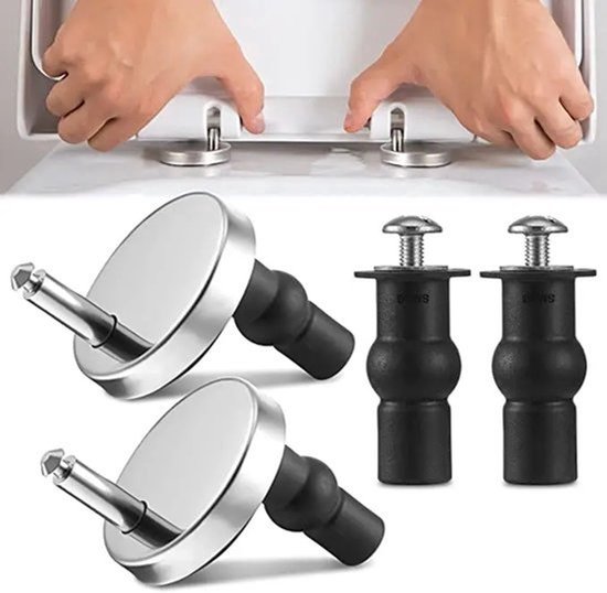 Twee handen monteren een toiletbril. Close-up van de RVS scharnierpennen en zwarte expansiebouten.