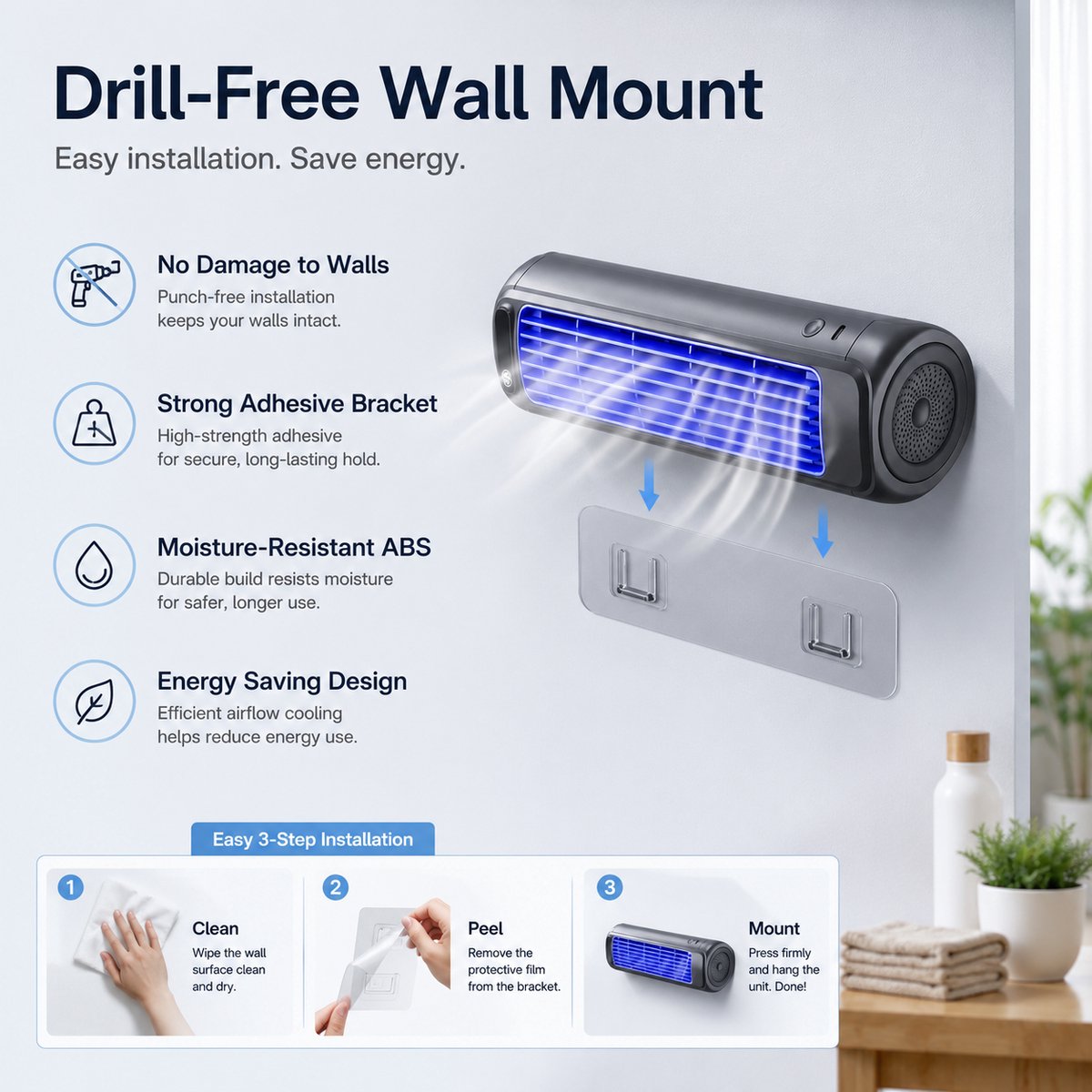 Bobypet - Premium Aircooler Muurmontage - Zonder Boren Ventilator - Energiezuinige Koeler met Drie Snelheden - Draagbare Mobiele Airco Cooler voor Slaapkamer, Keuken en Badkamer - Compacte Wandventilator met Geavanceerde Waterkoeling - grijs thumbnail 7