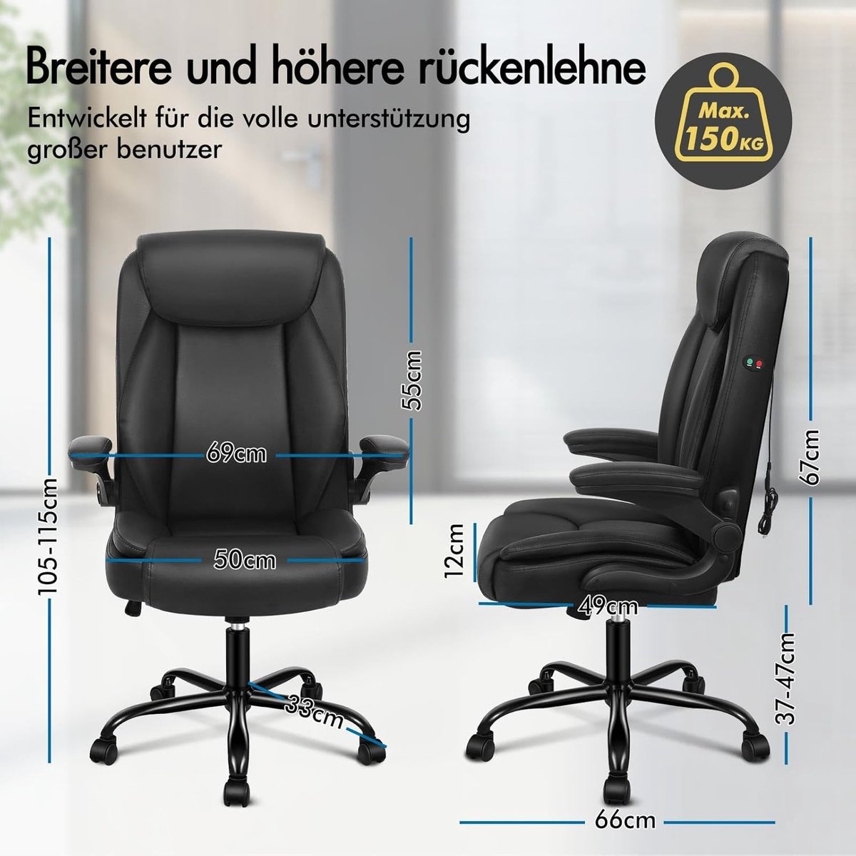 Bureaustoel Ergonomisch met Massagefunctie - Directiestoel met Verstelbare Hoogte, Kantelfunctie 90°-135°, Opklapbare Armleuningen, Luxe Kunstleer, Draaistoel met Wielen tot 150 kg - House&Garden Phoenix Zw