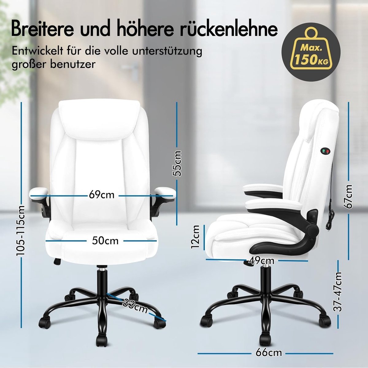 Bureaustoel Ergonomisch met Massagefunctie - House&Garden Executive Comfort Pro - Directiestoel met Verstelbare Hoofdsteun, Opklapbare Armleuningen, Hoge Rugleuning, Kantelfunctie 90°-135°, Verstelbare Hoogte en Wielen - Wit