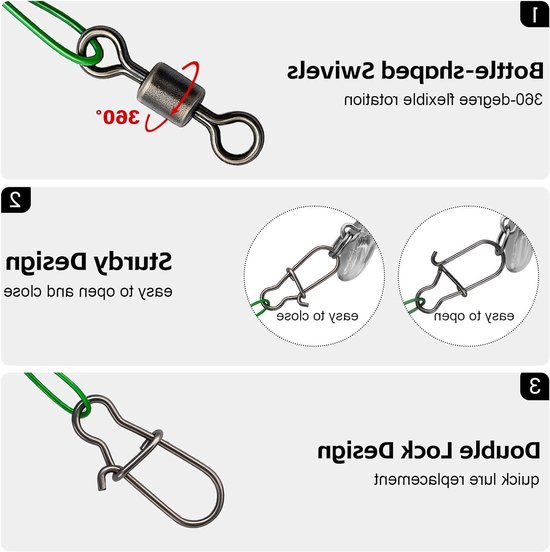Set van 50 Stalen Voorzakken voor Snoekvissen met Carabiner en Vertebra - 5 Maten, Roestvrij Staal, Bijtbestendig, Visspullen, Groene Voorzakken van 10/15/20/25/30 cm — afbeelding 3