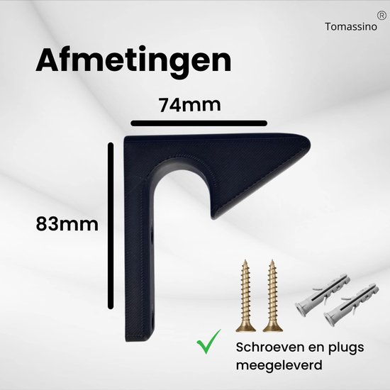 Afmetingen: 74mm breed, 83mm hoog. Zwarte deurklinkhouder. Schroeven en plugs meegeleverd.