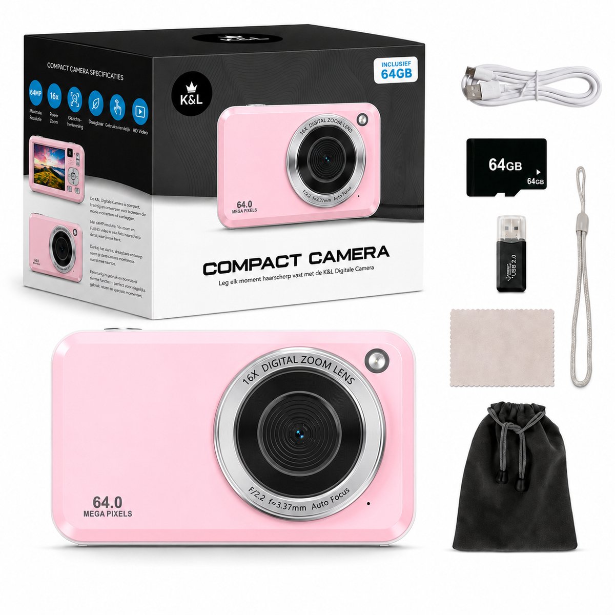 K&L Digitale Camera - Full HD & 64MP - 64GB - Fotocamera - Inc. Selfiecamera - Vlog Camera voor Kinderen - Compact Camera - Foto & Video - Dual Lens - 16x Zoom