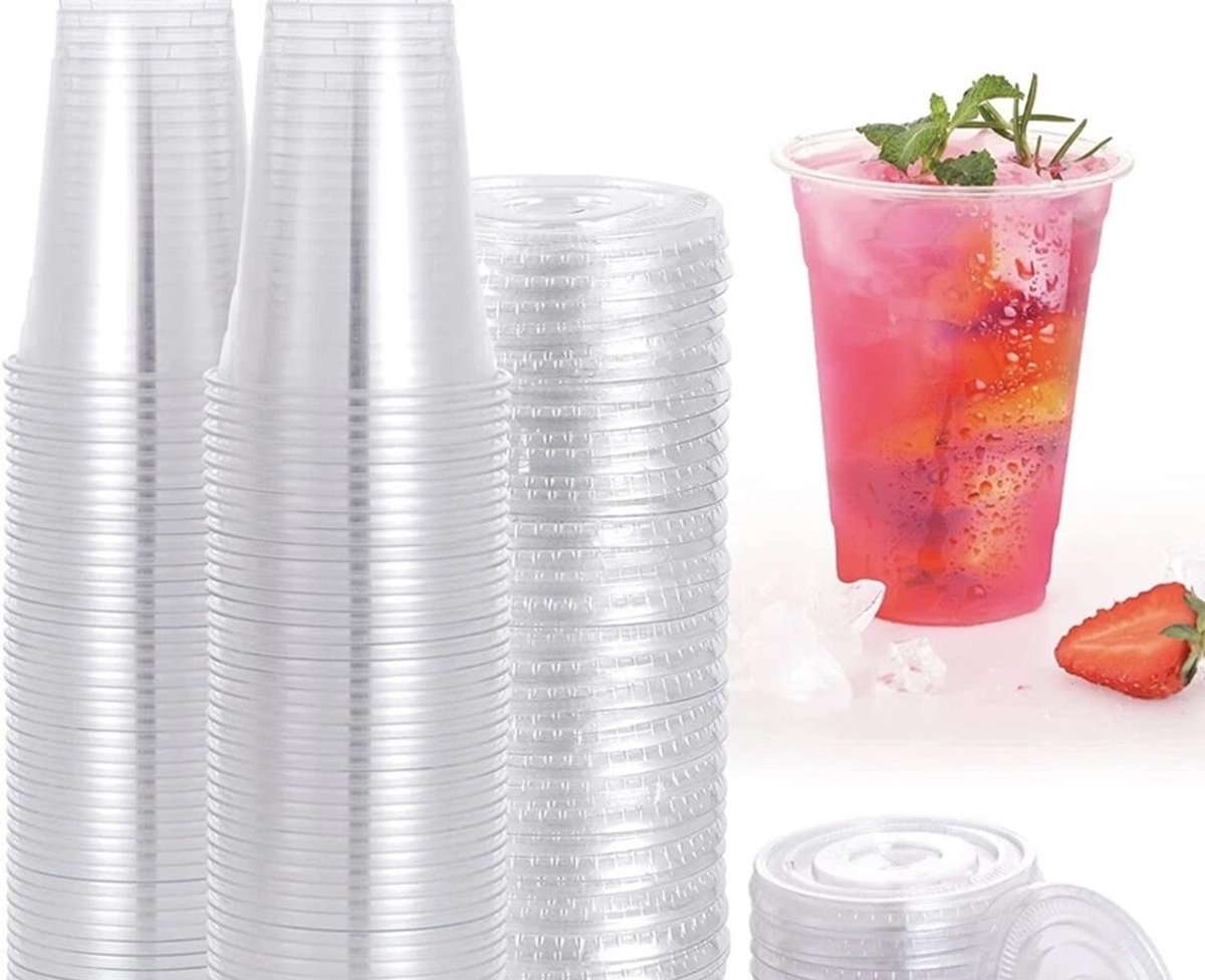 Beker, PET Drinkbeker 10 oz / 300 ml Transparant Ø95 + Deksel (PET) Plat Met Kruisgat x 100 Stuks