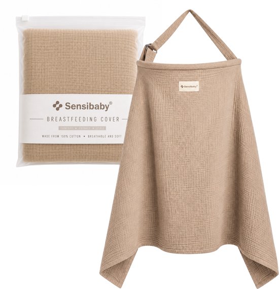 Beige Sensibaby borstvoedingsdoek met een verpakte versie ernaast.
