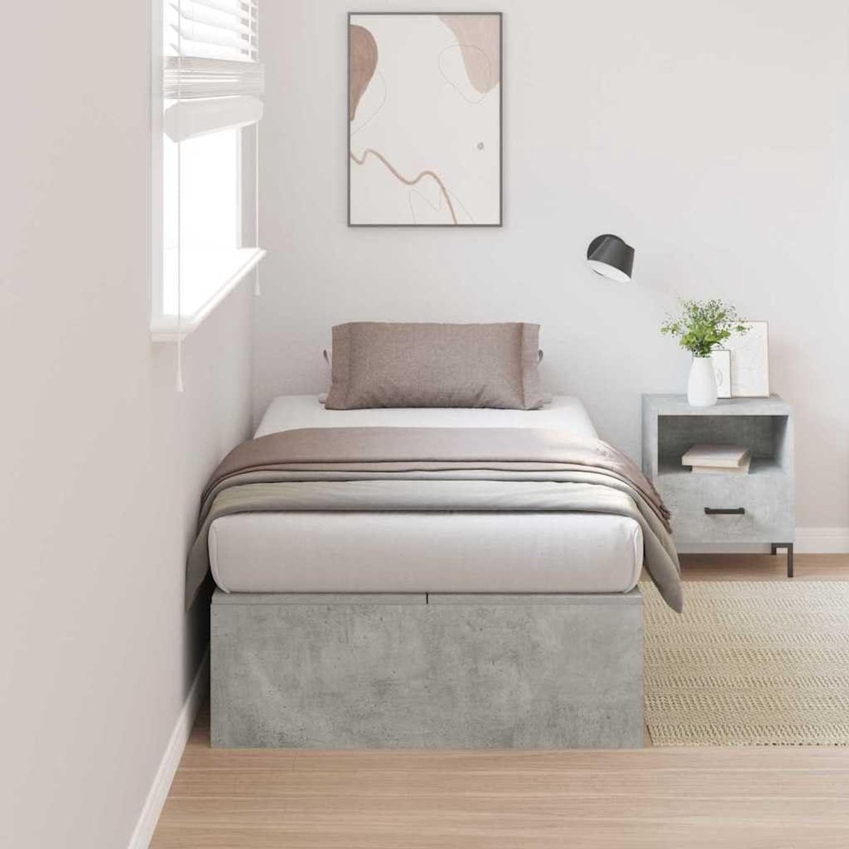 Bedframe voor opslagruimte, grijs, 80 x 200 cm, van grenenhout en hout, met verborgen opbe