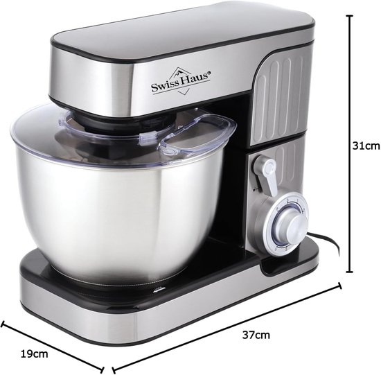 Swiss Haus® KM2206 Keukenmachine - 1300W Keukenrobot - 6L RVS Mengkom - 6 Snelheden + Pulse - Multifunctionele Keukenmixer met Deeghaak, Garde & Klopper - RVS van Swiss Haus — afbeelding 4