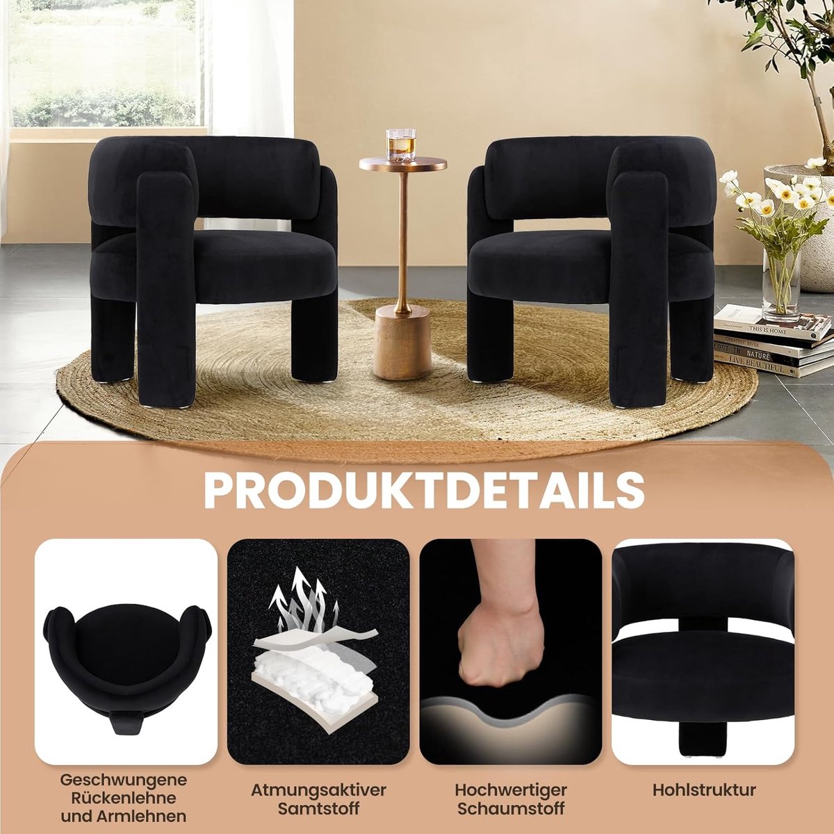Fluwelen Accentstoel Set van 2 – Scandinavische Design Fauteuil 84 x 72,5 x 72,5 cm – Ergonomische Lounge Stoel met Massief Houten Poten, Schuimvulling & 275 lbs Draagvermogen – Mobili Bella