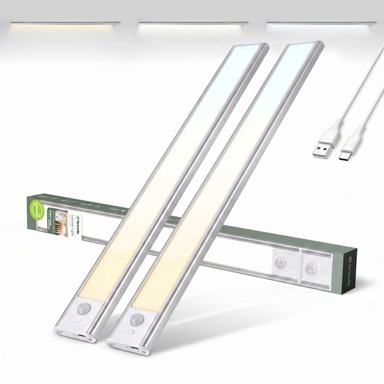 Brendz Keukenverlichting Onderbouw LED, Onderbouwverlichting, 2 x 40cm, USB-C Oplaadbare Led-Strip, 2200mAh, 3 Kleurtemperaturen, Dimbaar, Magnetisch, Keukenverlichting Draadloos, Kastverlichting, Puyo Zilver