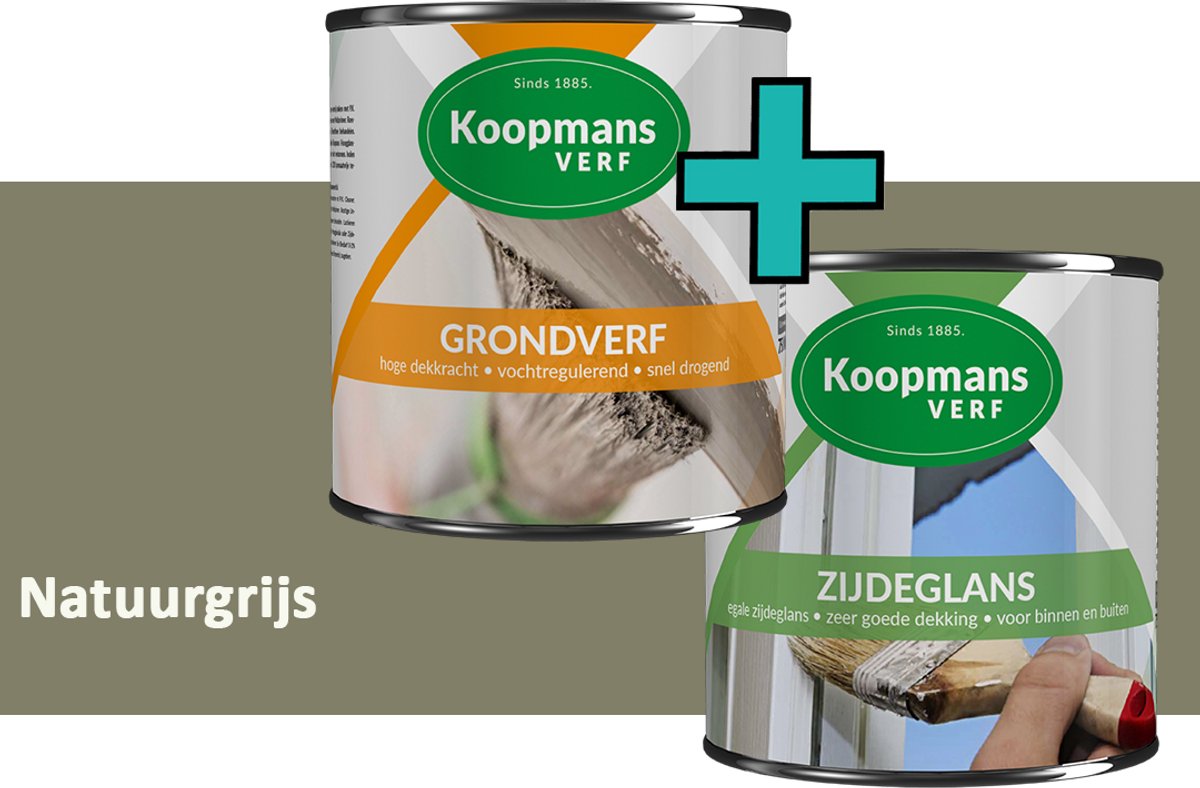 Koopmans Grondverf en Zijdeglans Lakverf - set geschikt voor hout en metaal – Natuurgrijs – 2x – 1,5 l