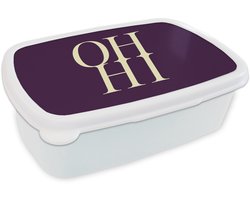 Broodtrommel Wit - Lunchbox Oh hi - Paars - Minimalistisch - Brooddoos 18x12x6 cm - Brood lunch box - Broodtrommels voor kinderen en volwassenen