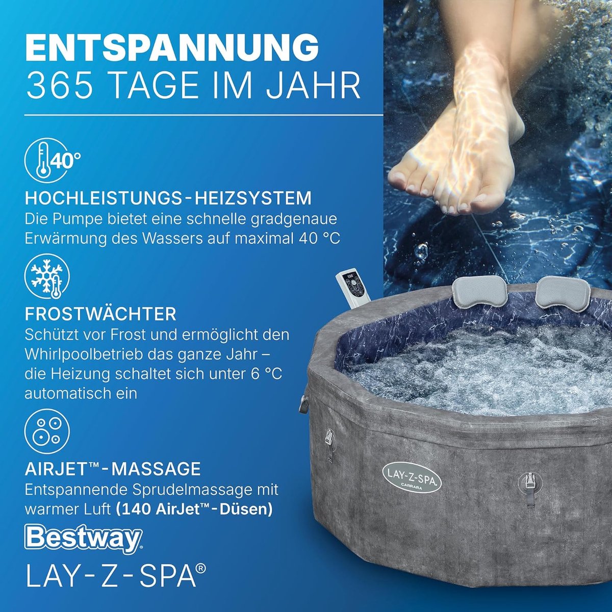 Opblaasbare Jacuzzi Spa voor 6 Personen - House&Garden Carrara Luxe Whirlpool met 140 AirJets, App-bediening, Energiezuinige Thermische Isolatie, Verwarming tot 40°C, Inclusief Afdekking en Accessoires - 170 x 170 x 65 cm