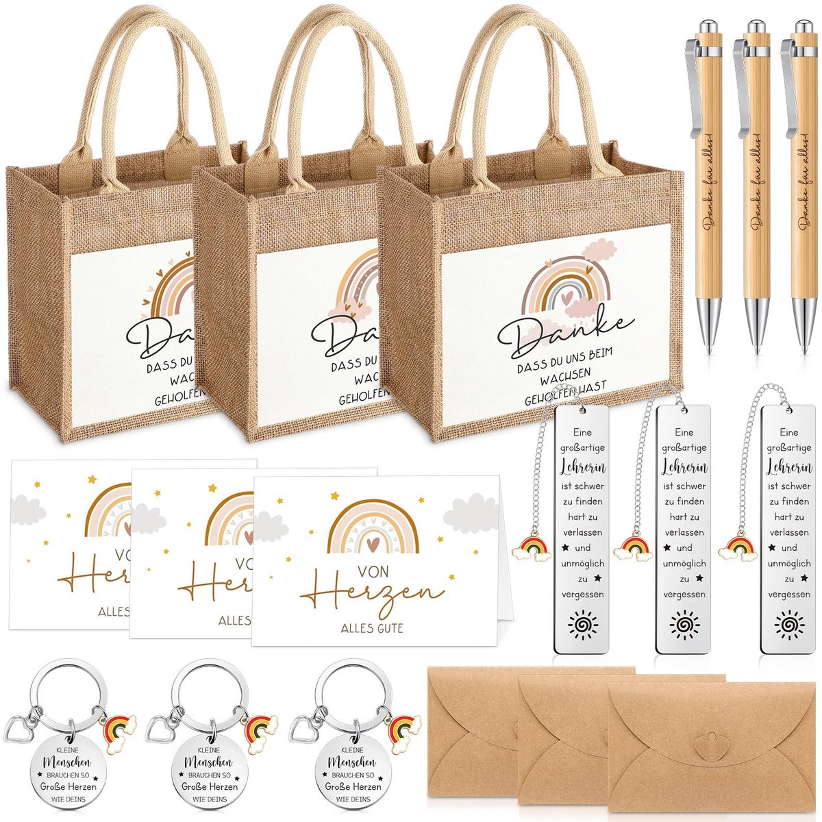 Dailygoods- Afscheidscadeau voor leraren - Jute tas - Regenboog bladwijzer - Sleutelhanger met hanger - Balpen - Kraftpapieren envelop met hartsluiting - Lerarencadeau