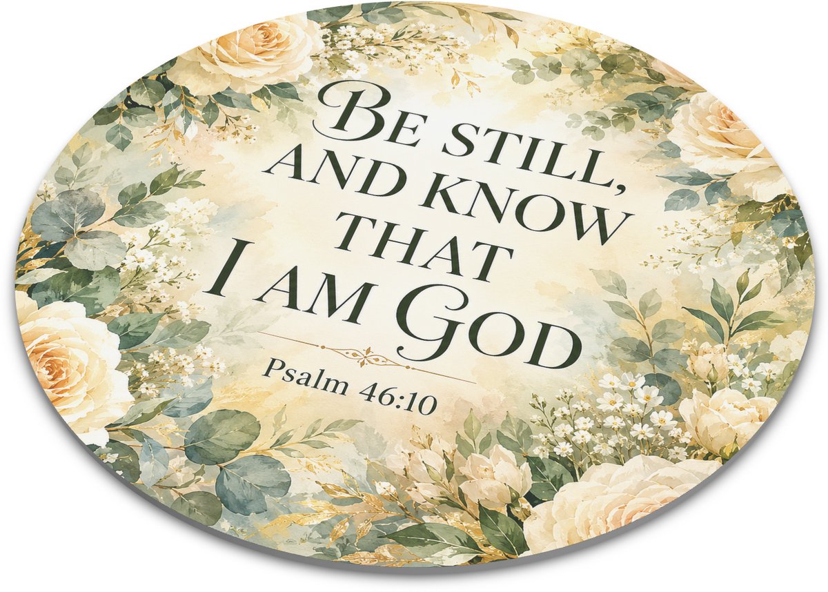 Ronde muismat christelijk met crème rozen en eucalyptus, aquarel bijbeltekst Be Still And Know That I Am God, Psalm 46:10