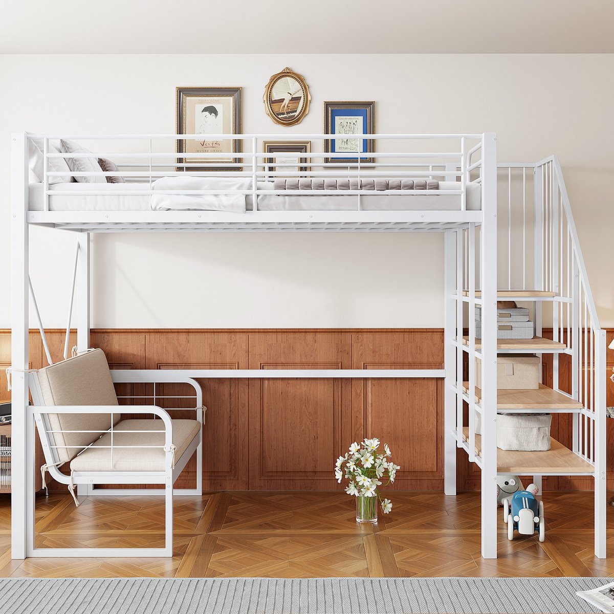 VVBV Stapelbed 90x200 / Stapelbed met opbergruimte / Stapelbed met trap – met Ladder – Metaal – Wit – Kinderstapelbed met Opbergtrap en Opbergruimte
