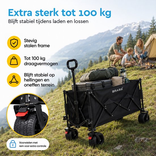 BRASQ Bolderkar Opvouwbaar - 165 Liter - 100 KG Draagkracht - Draaibare wielen mét rem - 90 x 52 x 110 cm - Verstelbare hendel - Inklapbare Bolderwagen - Zwart van BRASQ — afbeelding 2