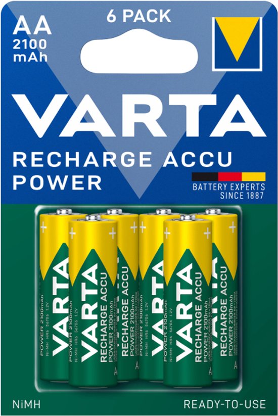 Varta AA 2100 mAh oplaadbare batterijen, 6 stuks in verpakking.