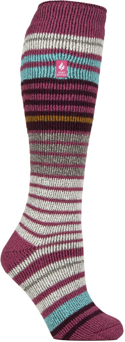 Dames thermische gestreepte skisokken met warme stof en comfortabele pasvorm Framboos / Cabernet