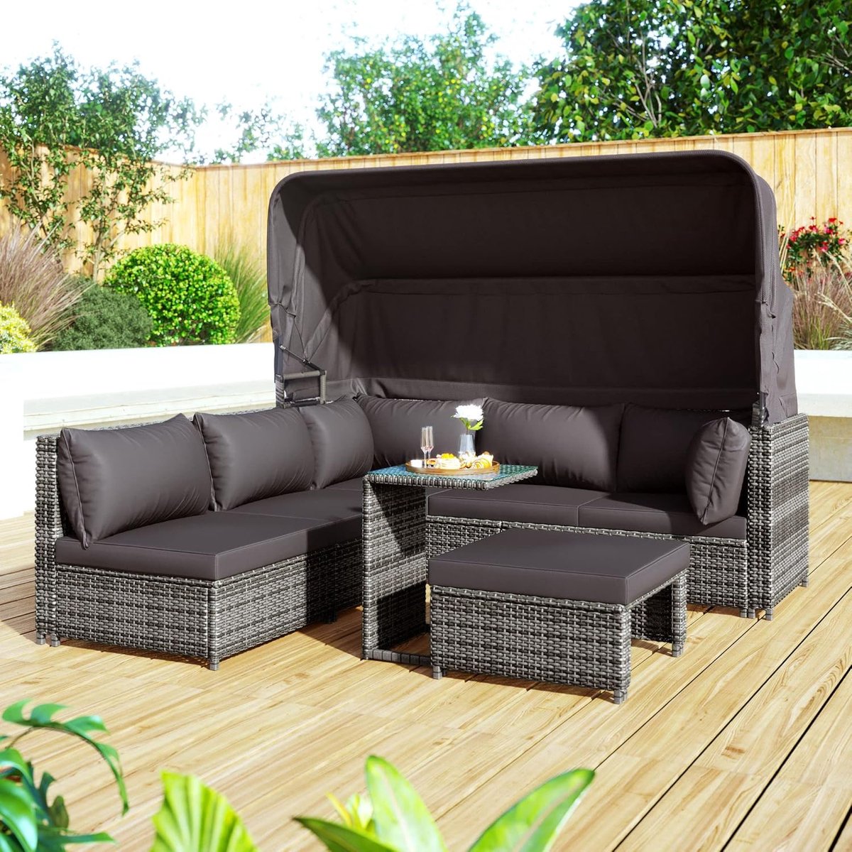 Tuinloungeset met Luifel en Verstelbare Rugleuningen 180x180x145 cm – Rond Zonne-eiland van PE-Rotan met Kussens voor Tuin, Terras, Balkon en Zwembad Grijs – Mobili Bella