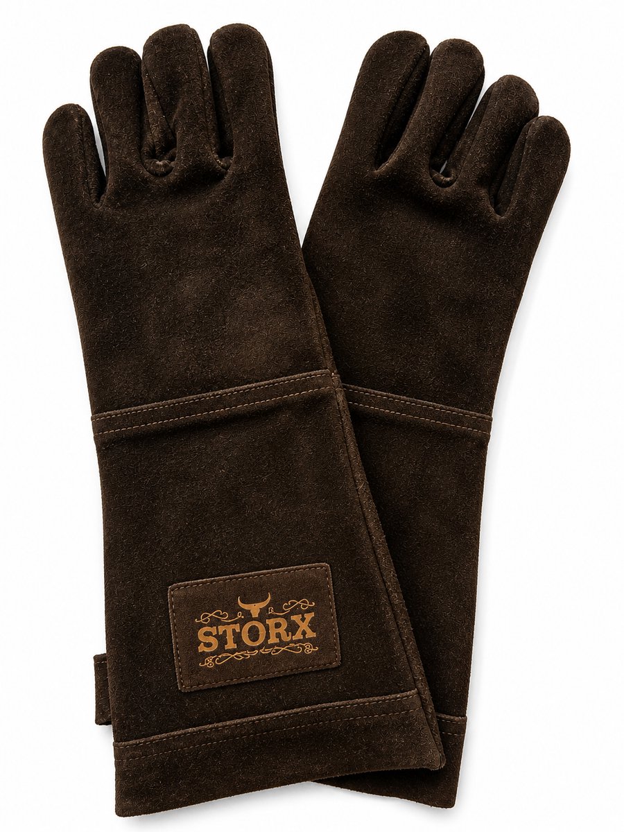 Storx Leren BBQ Handschoenen Donker Bruin – Hittebestendige Grillhandschoenen van Echt Leer – Extra Lange Bescherming voor Barbecue, Oven en Open Haard