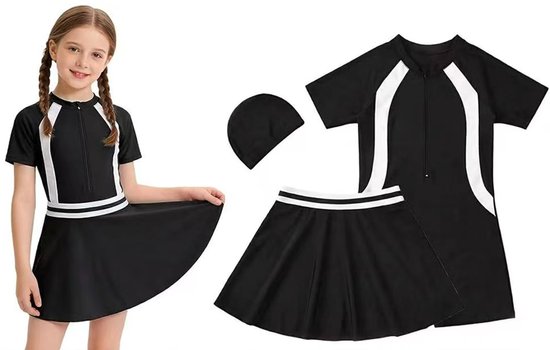 3-Delig Fashion Zwempaken - Maat XL - 120-130cm - Zwart - Inclusief Zwemmuts - Meisjes - 2 Stylingopties - Zwemrokje - Badpakken - Zwempakken - Zwemkleding - Kindermode