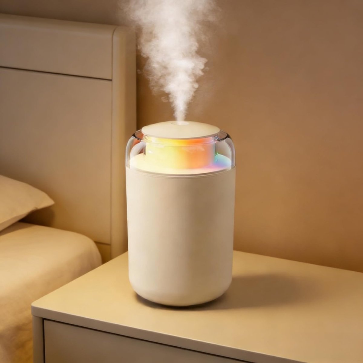 ZVD Mini-luchtbevochtiger met koele nevel — 1200 ml — Compact ontwerp — Stille aromadiffuser — Met zacht sfeerlicht — Ideaal voor slaapkamers, woonkamers en auto's, of voor dagelijkse luchtbevochtiging ter voorkoming van droge lucht - Wit