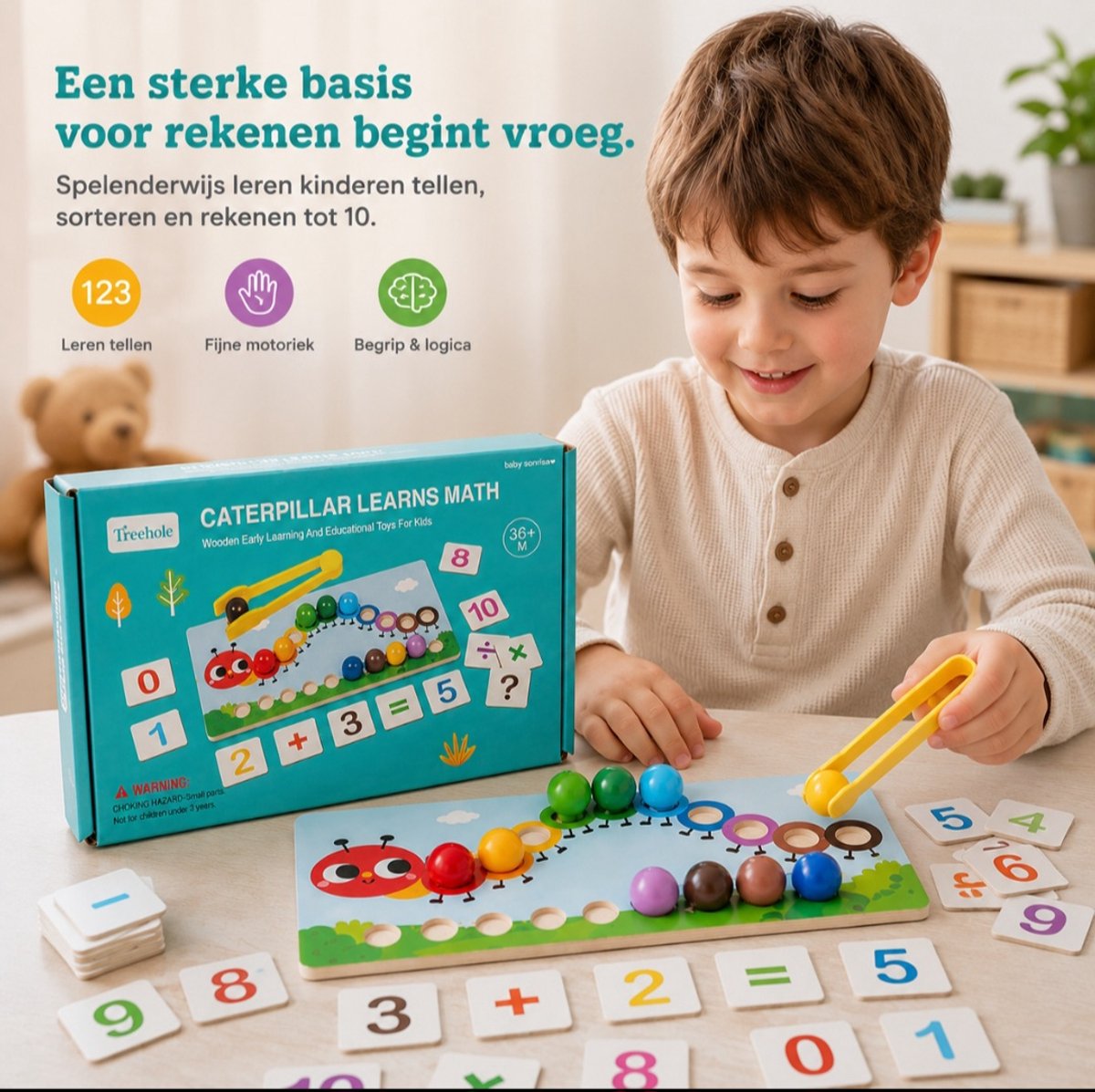 Baby Sonrisa Houten Rekenspel Montessori – Educatief - Telspel met Pincet – Educatief Speelgoed 3 Jaar+ – Kleuren Sorteren & Fijne Motoriek — afbeelding 3