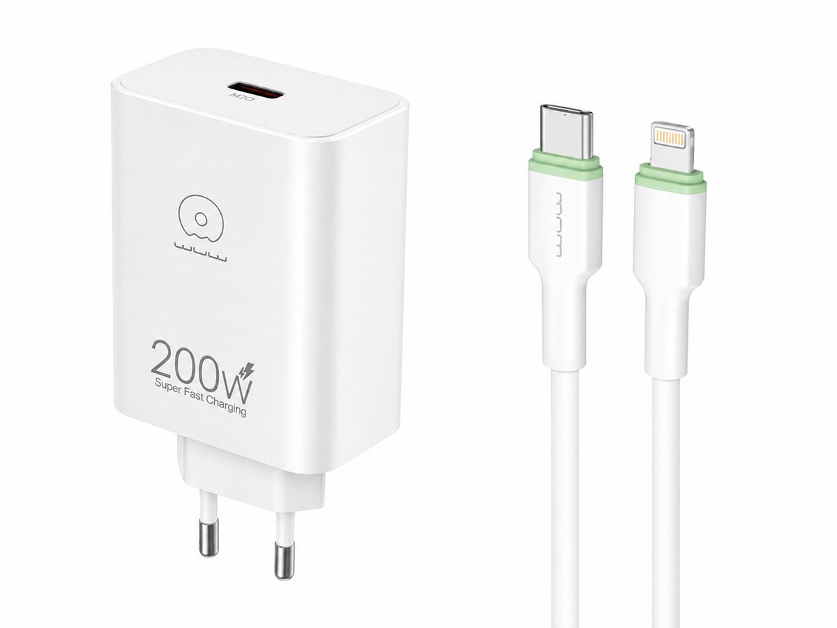 Super Fast Charging USB C 200W Oplader Safe Flash Charger + Lader Data Cable USB-C to Lightning 20W