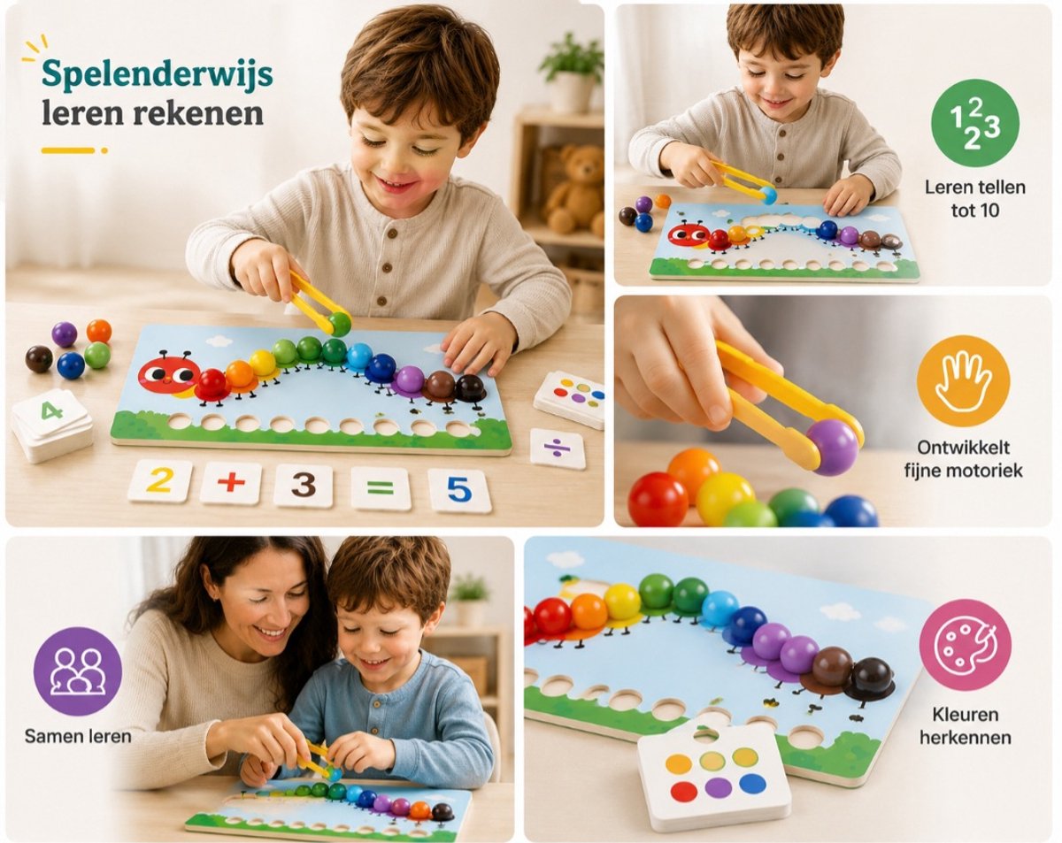 Baby Sonrisa Houten Rekenspel Montessori – Educatief - Telspel met Pincet – Educatief Speelgoed 3 Jaar+ – Kleuren Sorteren & Fijne Motoriek — afbeelding 9
