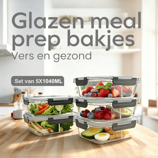 Swiss Pro+ | Boîtes de préparation de repas | Boîtes de congélation | Boîtes de conservation | 5X1040ML avec couvercle | Avec deux compartiments | Verre 100 % entièrement certifié | Convient au lave-vaisselle, au micro-ondes, au four, au congélateur