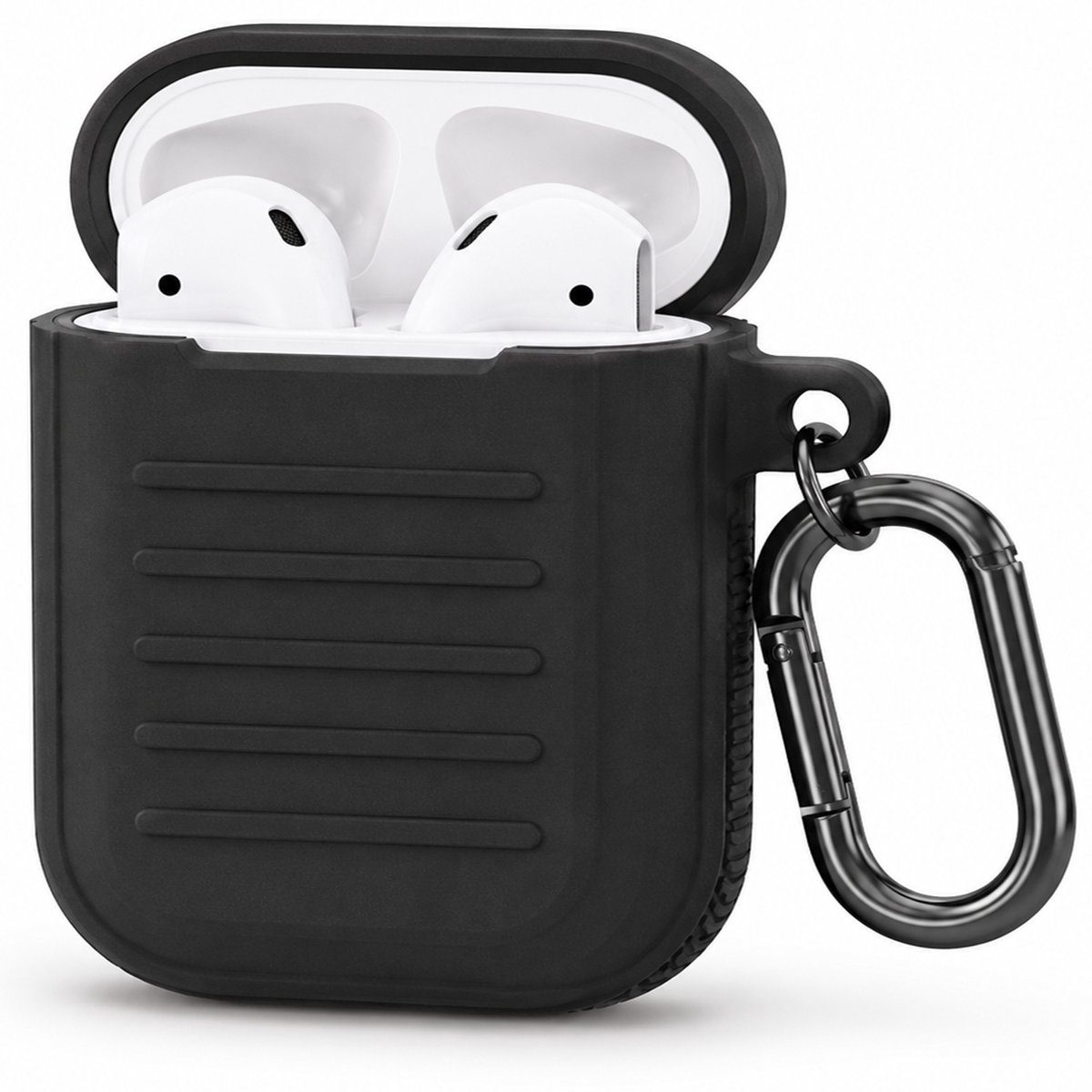 Geschikt voor AirPods 2 / 1 Gen (2019 / 2016) – Hoesje – Siliconen Beschermhoes met Stofplug en Karabijnhaak – Zwart