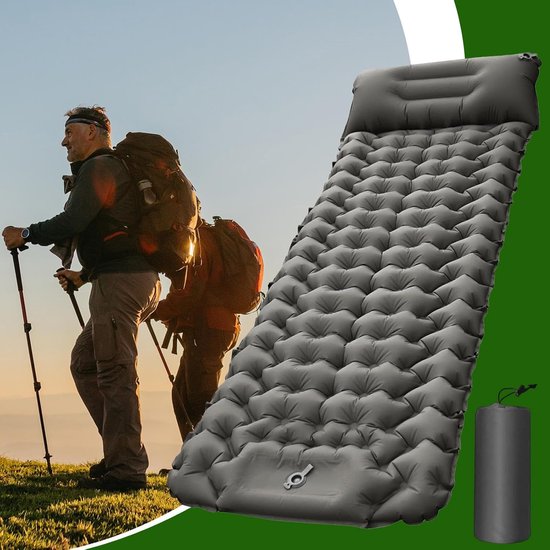 Kampeer Mat - Slaapmat Lichtgewicht - Outdoor Reizen - Zelfopblazend Voetpomp - 193x68x8 cm - Grijs — afbeelding 2
