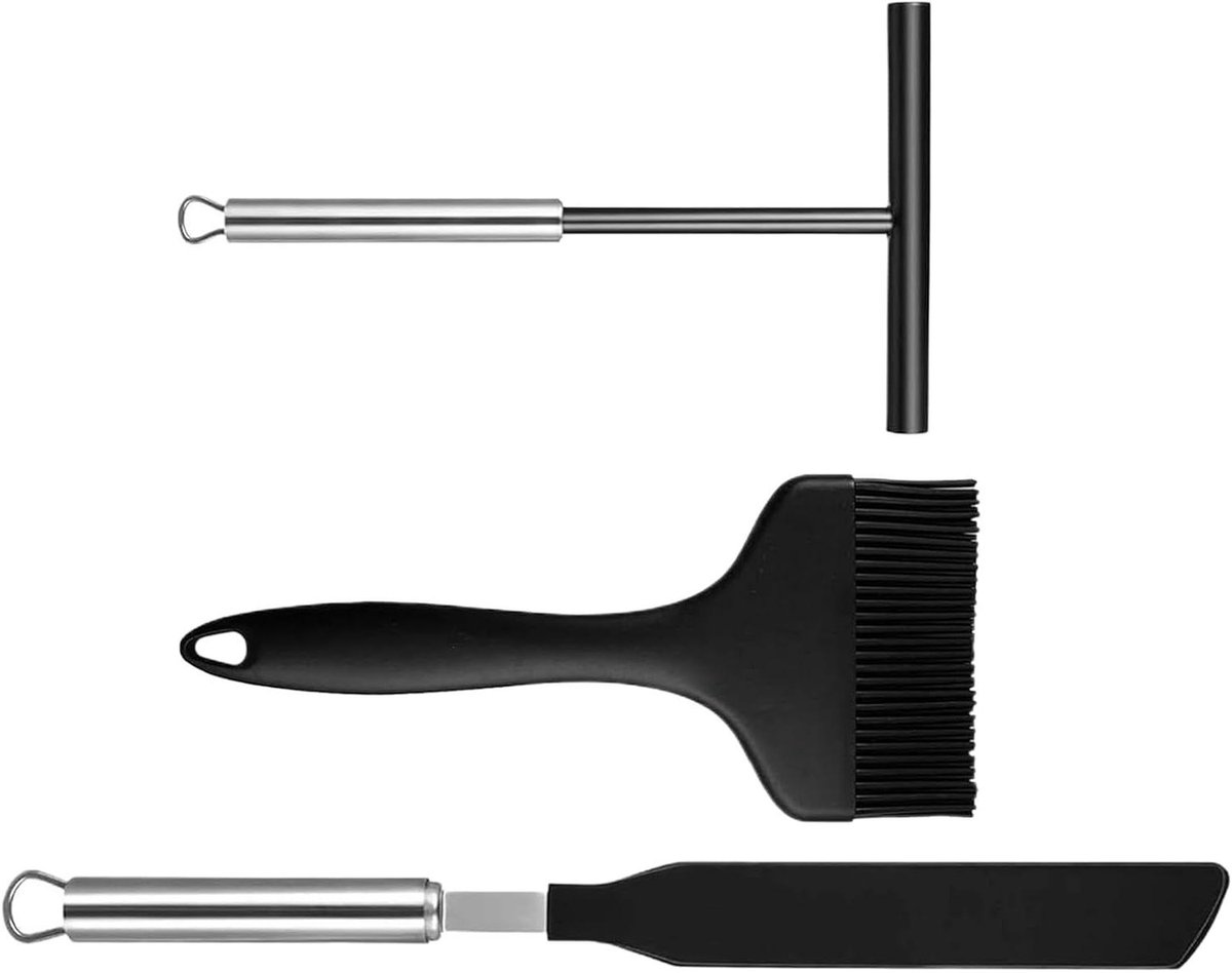 Pannenkoekenmaker set - Crêpe deegschraper - Bakken en braden - Hittebestendig gereedschap - 3 stuks - Zwart