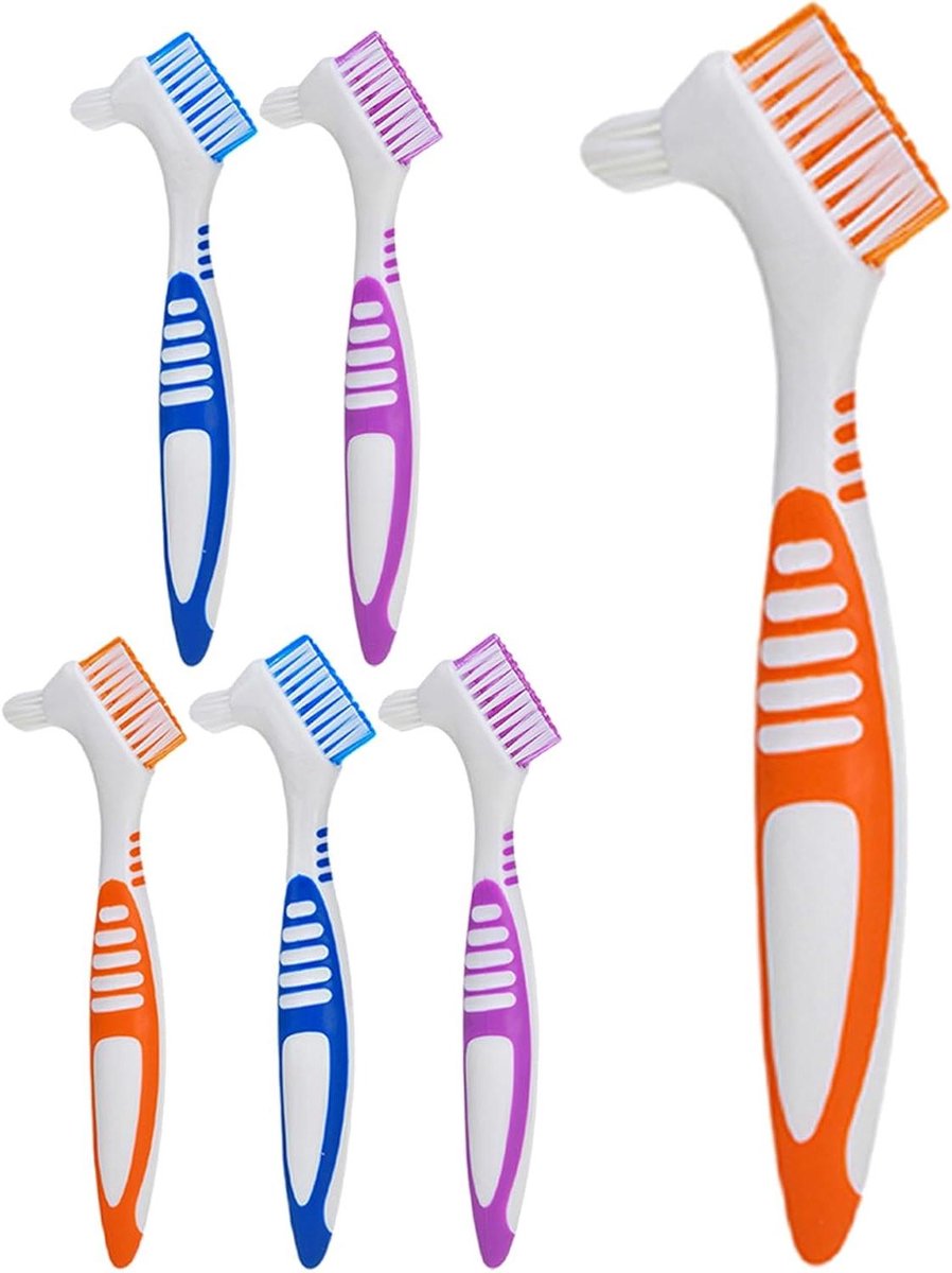 Dubbelzijdige Protheseborstel - Reisset Gebitsreiniging - Effectieve Mondhygiëne - Zachte Meerlaagse Borstelharen - 6 Stuks Compact - Diverse Kleuren