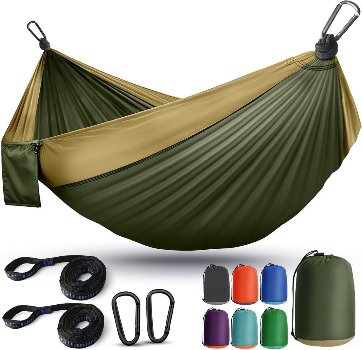 Camping Hangmat - Reisschommel - Ontspannen Buiten - Robuust en Lichtgewicht - 269 x 14 m - Bruin Groen