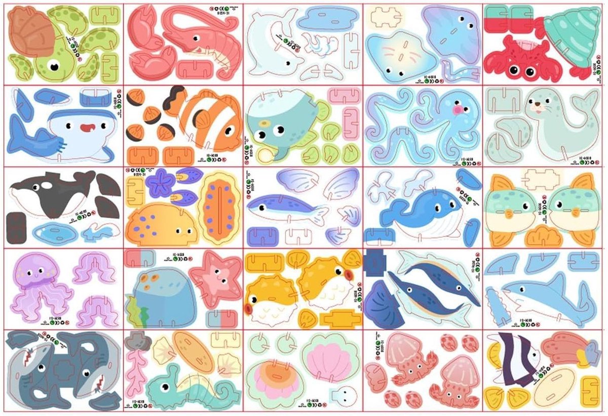 3D Bouwpuzzel Dieren - Papieren Puzzel - Interactief Leren - Lijmvrij en Genummerd - 9 x 6 cm - Oceaan