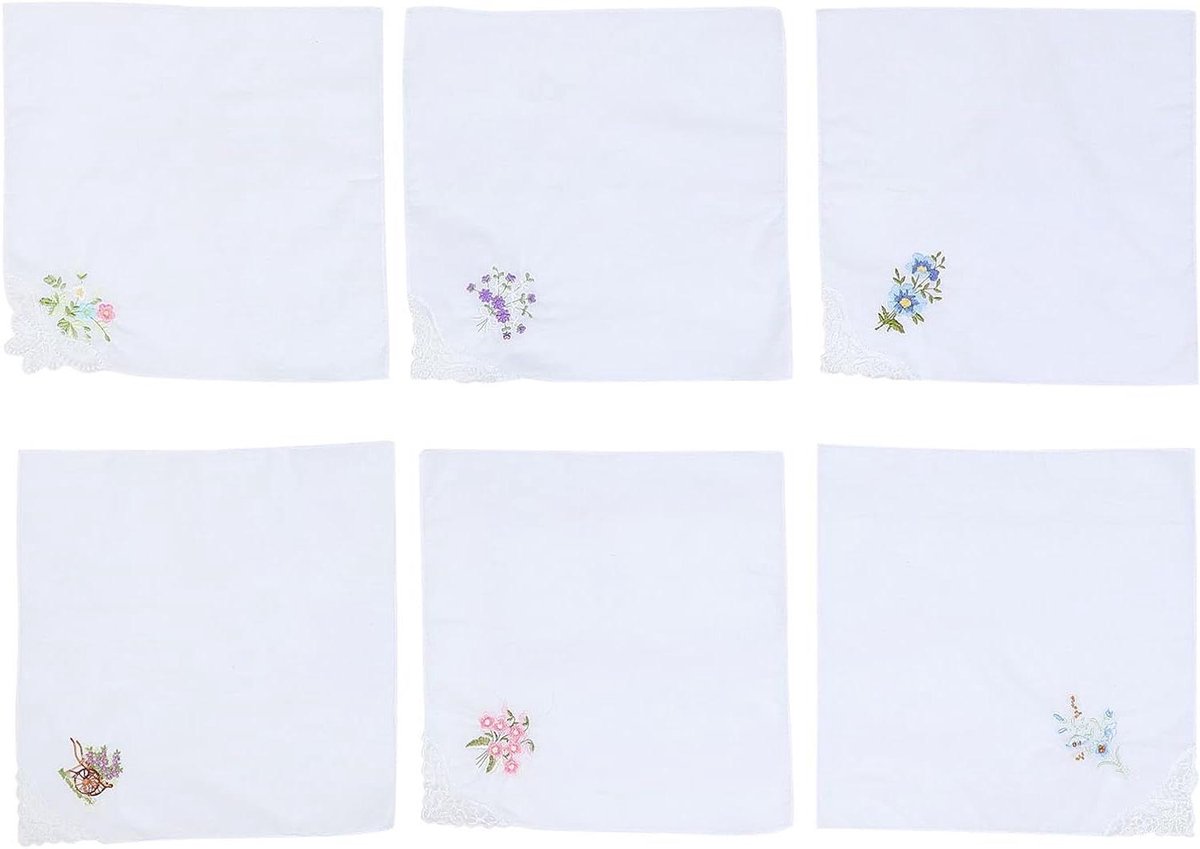 Dames Zakdoeken - Katoenen Doekjes - Dagelijks Gebruik - Bloemenborduurwerk Kant - 6 Stuks - Meerdere Kleuren