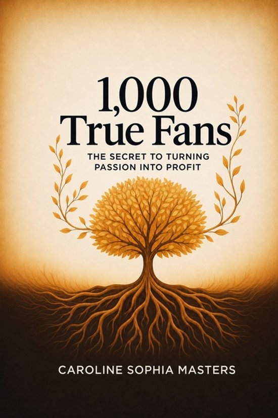 Boekomslag van "1.000 True Fans - Het geheim om passie om te zetten in winst" door Caroline Sophia Masters, met een gouden boom en wortels.