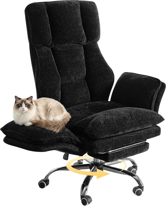 Zwarte bureaustoel met glinsterende stof en een Ragdoll kat op de zitting.