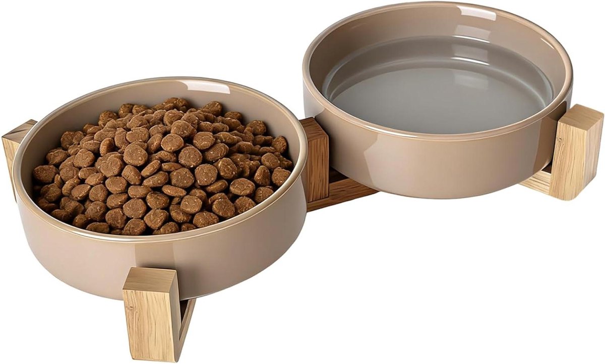 Keramische Hondenkom - Dubbele Voerbak - Comfortabel Eten - Verhoogde Standaard - 2x 400 ml - Beige