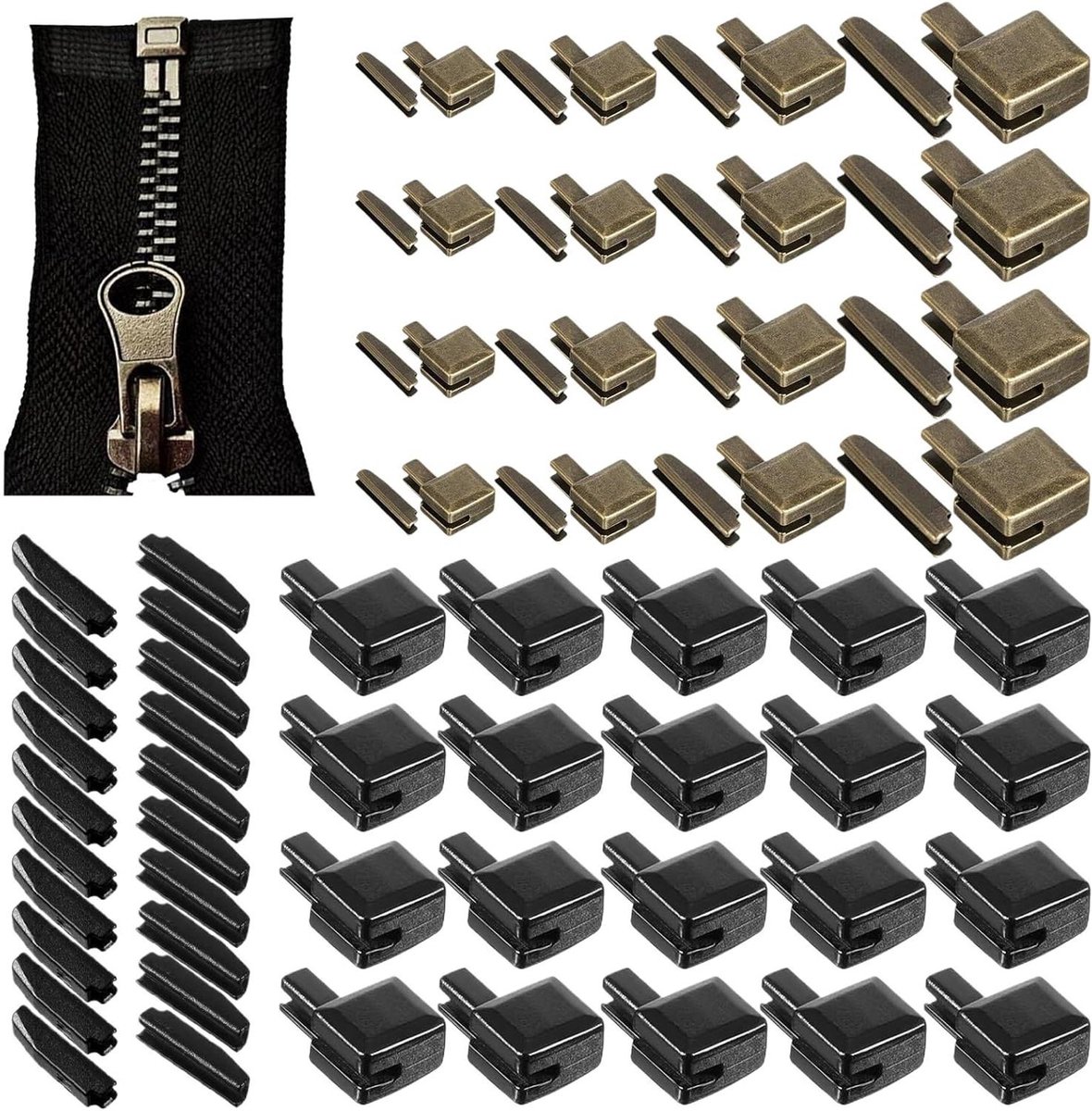 Ritssluiting Reparatie - Sets - Kleding Herstellen - 4 Maten - 72 Stuks - Zwart Brons