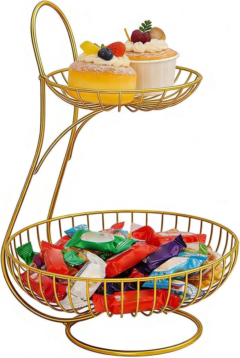 Metalen Fruitmand - Snack Organizer - Keuken Opbergen - Dubbellaags Ontwerp - 37H cm - Goud