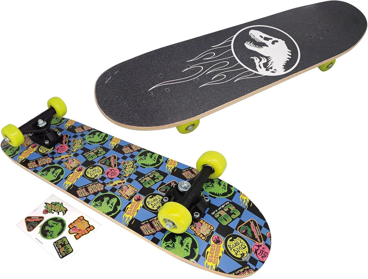 Kinder skateboard - Outdoor board - Buiten spelen - Dinosaurus design - 71 cm lengte - Meerkleurig