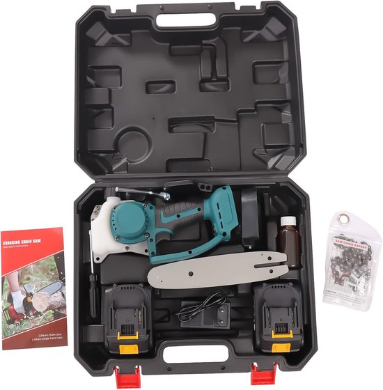 Elektrische Kettingzaag - Mini Zaag - Hout Zagen - Dubbele Accu - 8 Inch - Blauw — afbeelding 4