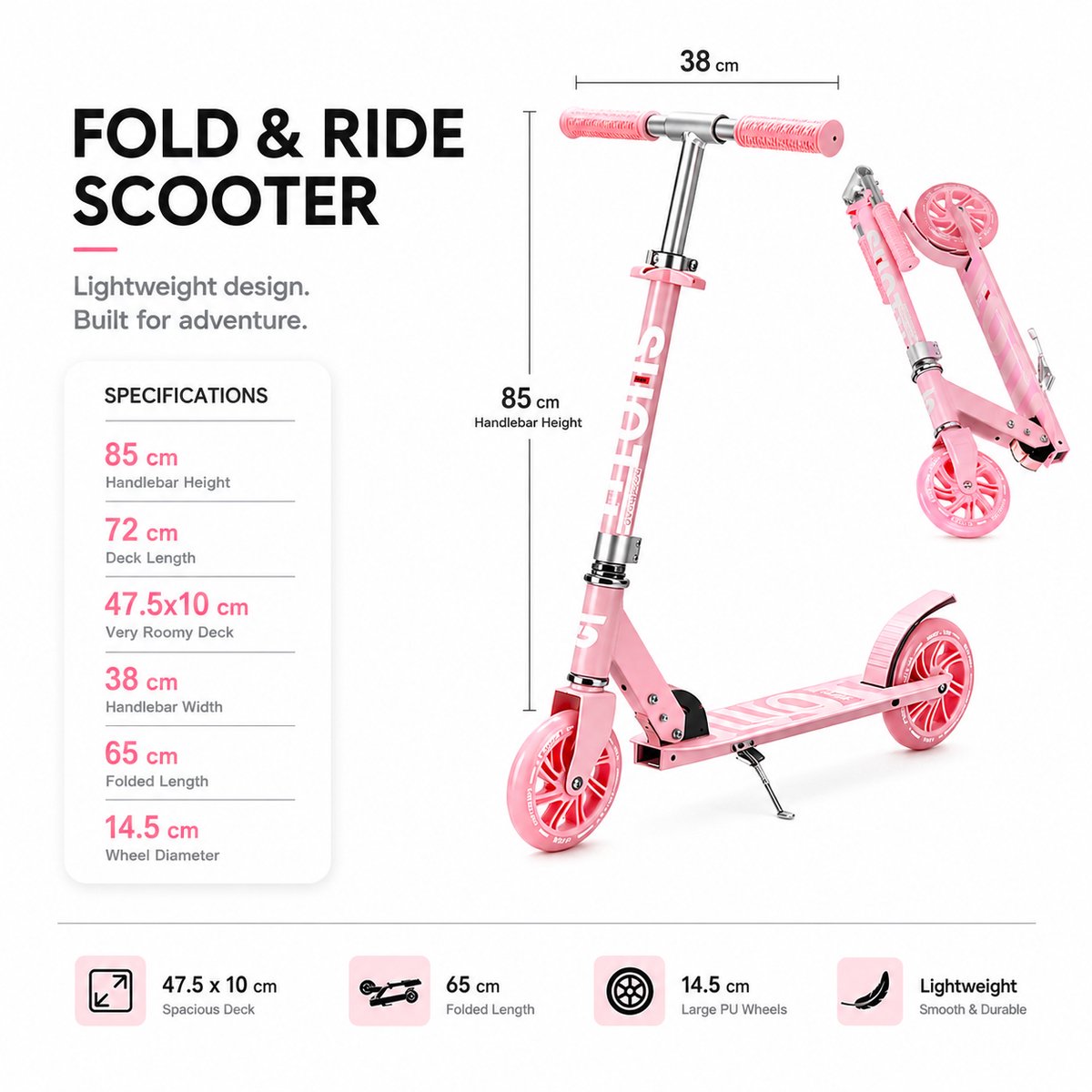 Suotu Kinderstep - 145mm Lichtgevende Wielen - Step - Speelgoed Jongens/Meisjes - Max stuurhoogte: 85 cm - Aluminium - Roze — afbeelding 9