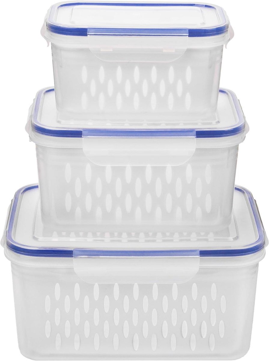 Koelkast Opslagcontainers - Voedsel Bewaarbakjes - Voedsel Vers Houden - Met Zeef en Deksel - 3 Sets 850-3300ml - Blauw
