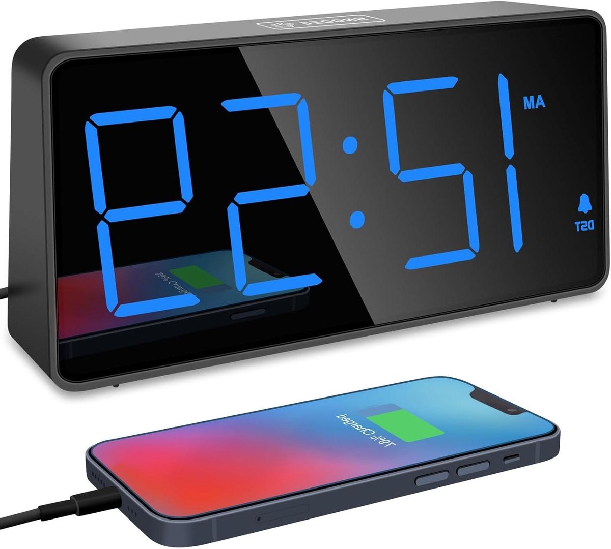Digitale Wekker - Tafelklok Alarm - Wakker Worden - Grote Cijfers 5 Dimmen - USB Opladen - Blauw Cijfer