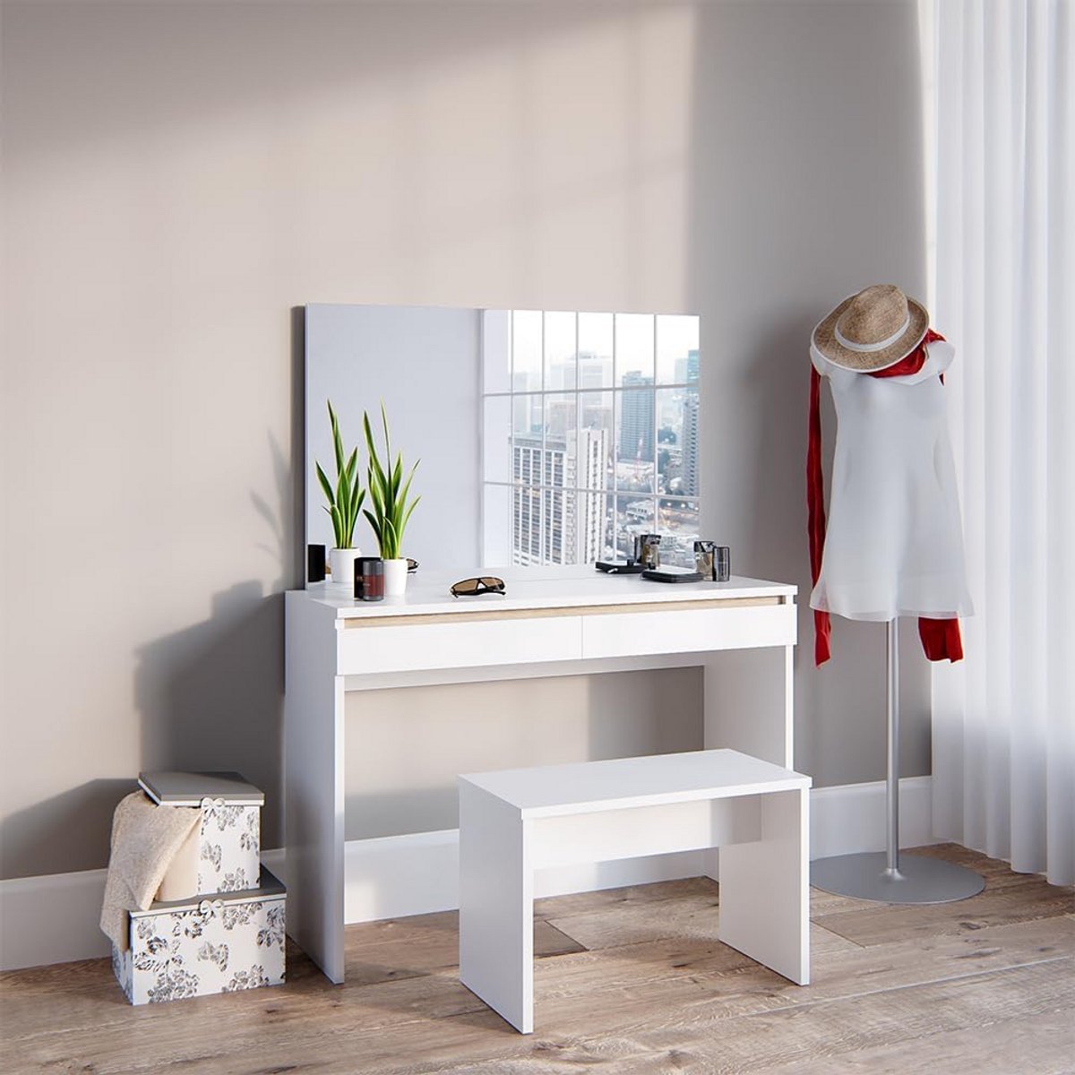 Moderne Kaptafel Wit 120 cm met Spiegel en Zitbank - Make-up Tafel Set